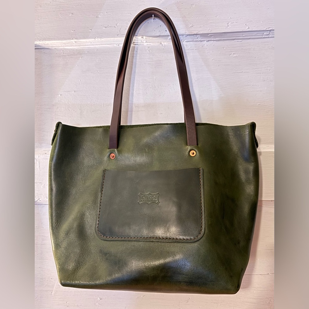 Orox Leather Co. Green Leather Tote Bag with Front Pocket